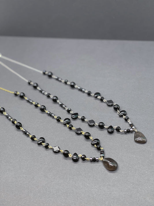 Black Obsidian & Smoky Quartz Crystal Necklace