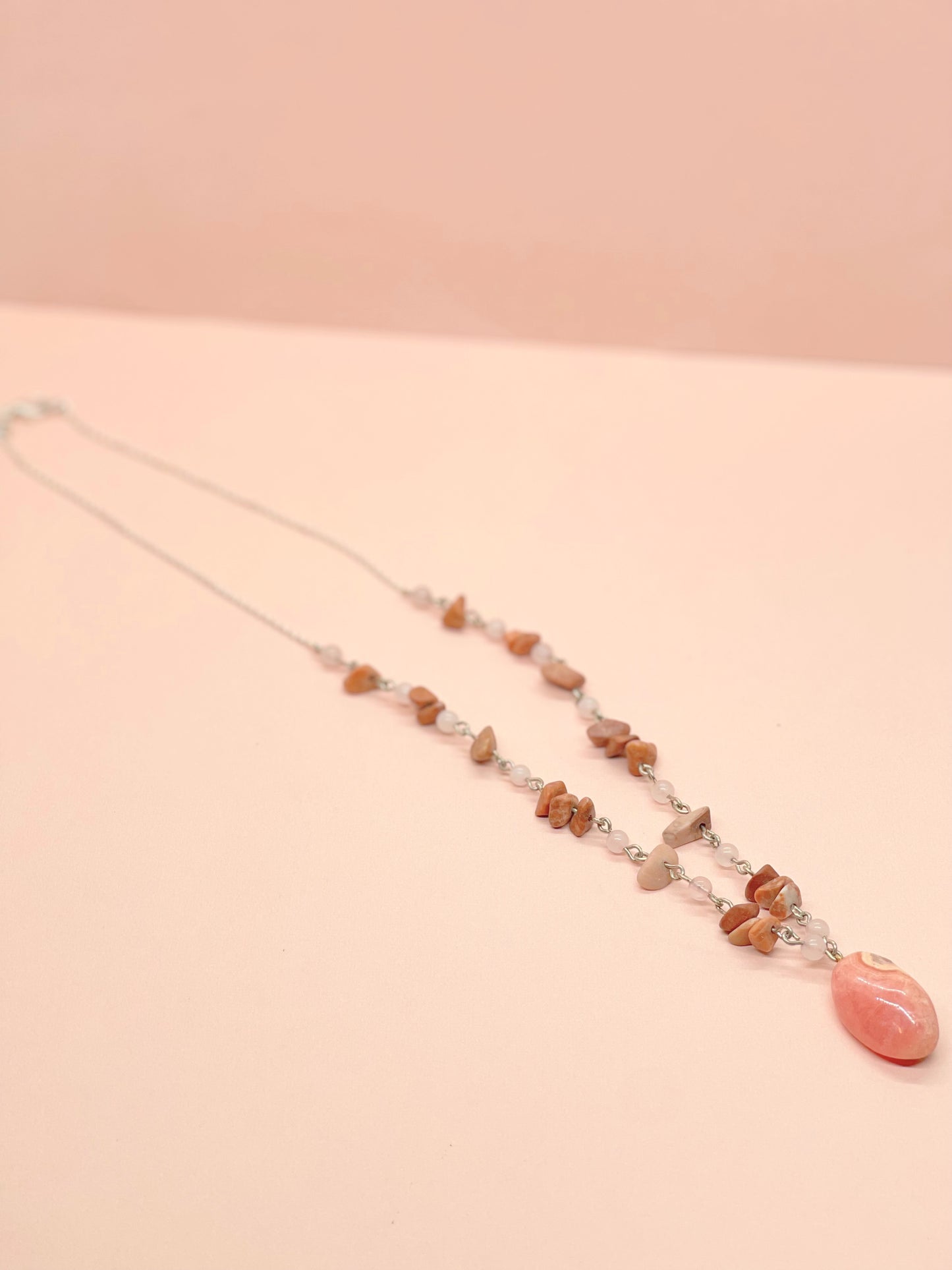 Pink Rhodonite & Rose Quartz Crystal Necklace
